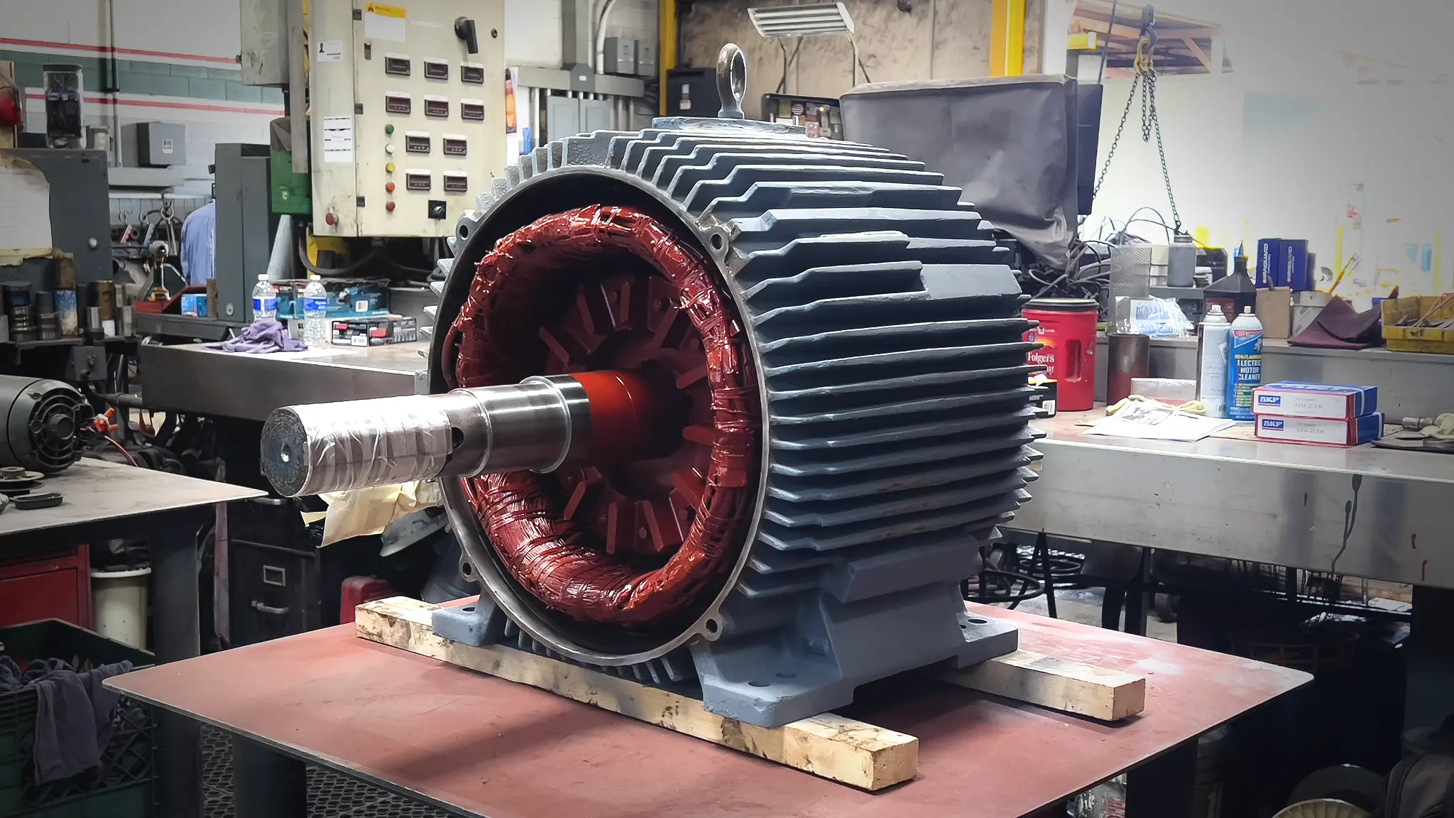 Electric motor with field windings exposed.